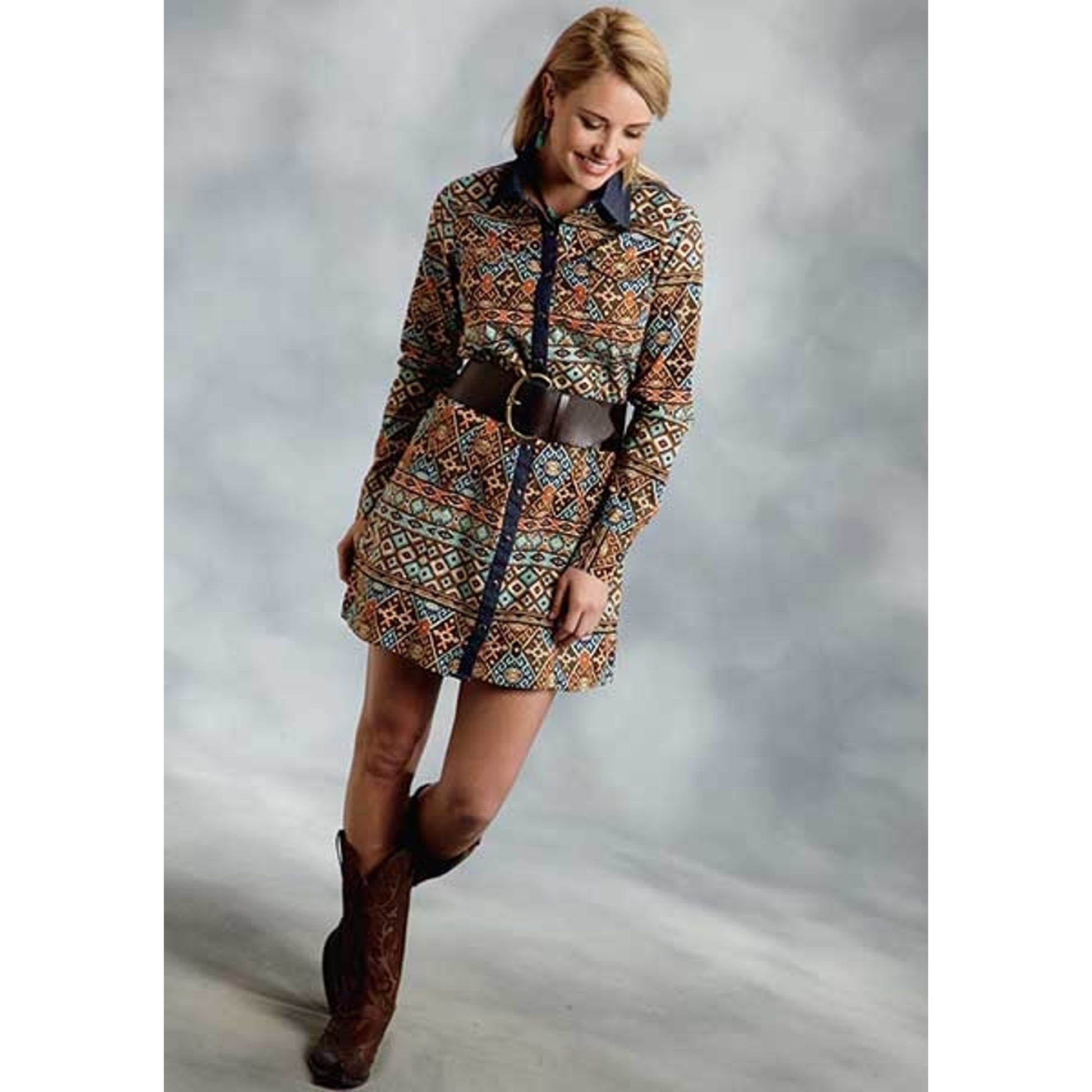 Roper Ladies Bold Aztec Print Poplin Shirt Dress