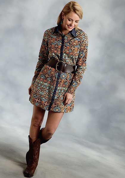 Roper Ladies Bold Aztec Print Poplin Shirt Dress