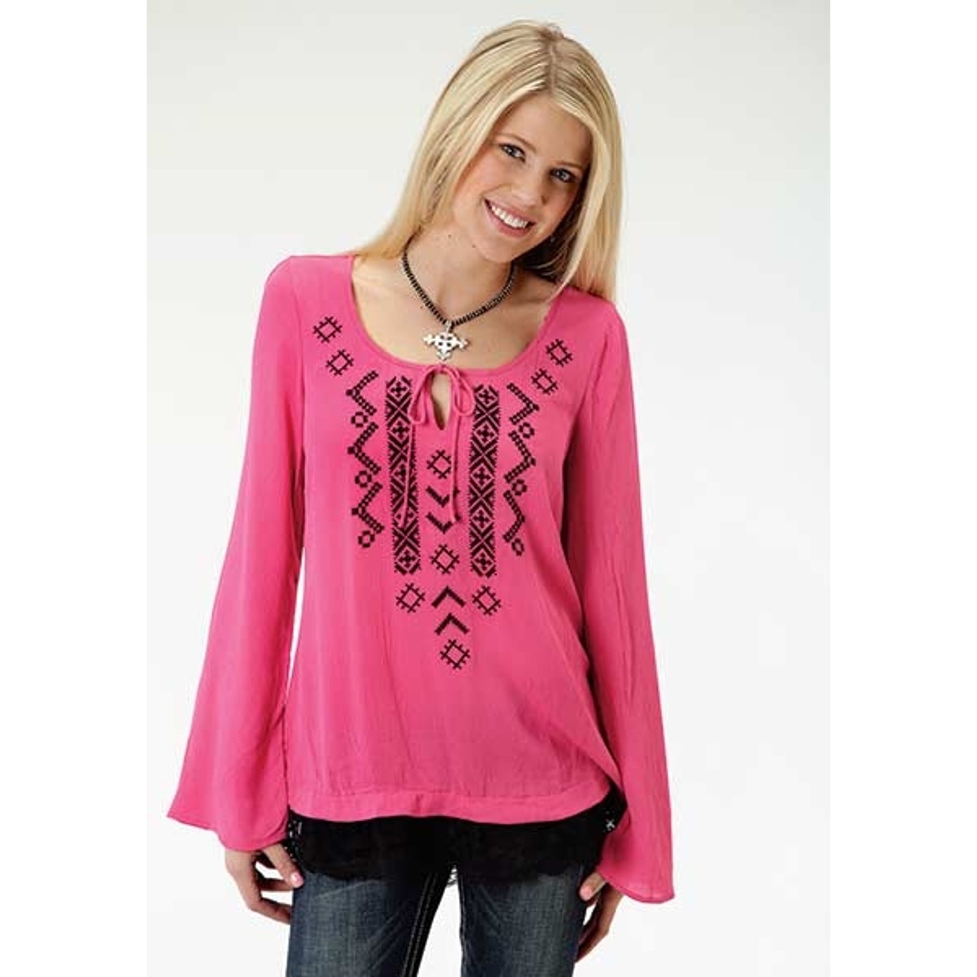 Roper Ladies Crepe Aztec Embroidery Bell Sleeve Tunic Top