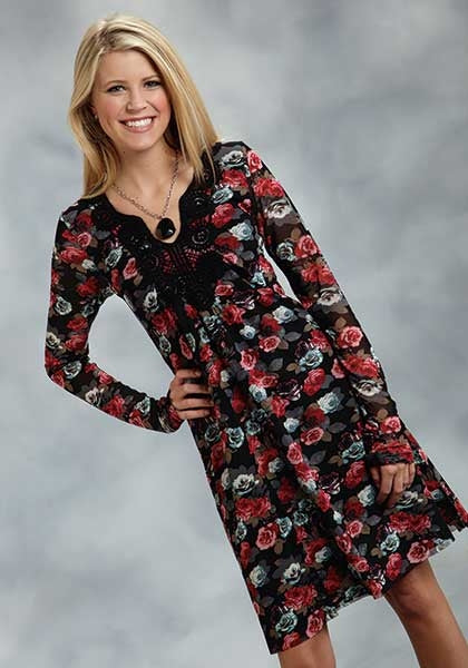 Roper Ladies Crochet Lace Applique Print Mesh Dress