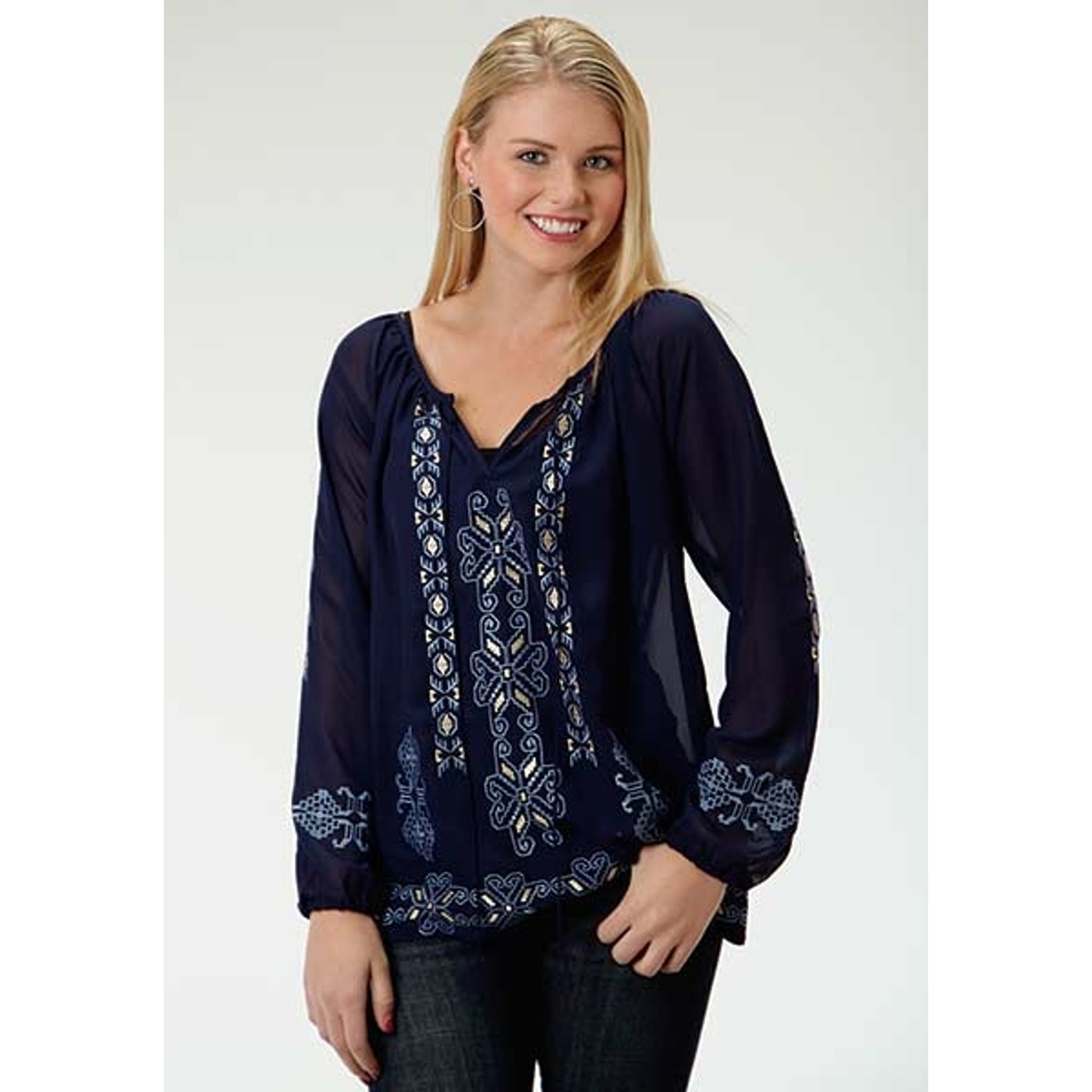 Roper Ladies Embroidered Poly Chiffon Peasant Blouse