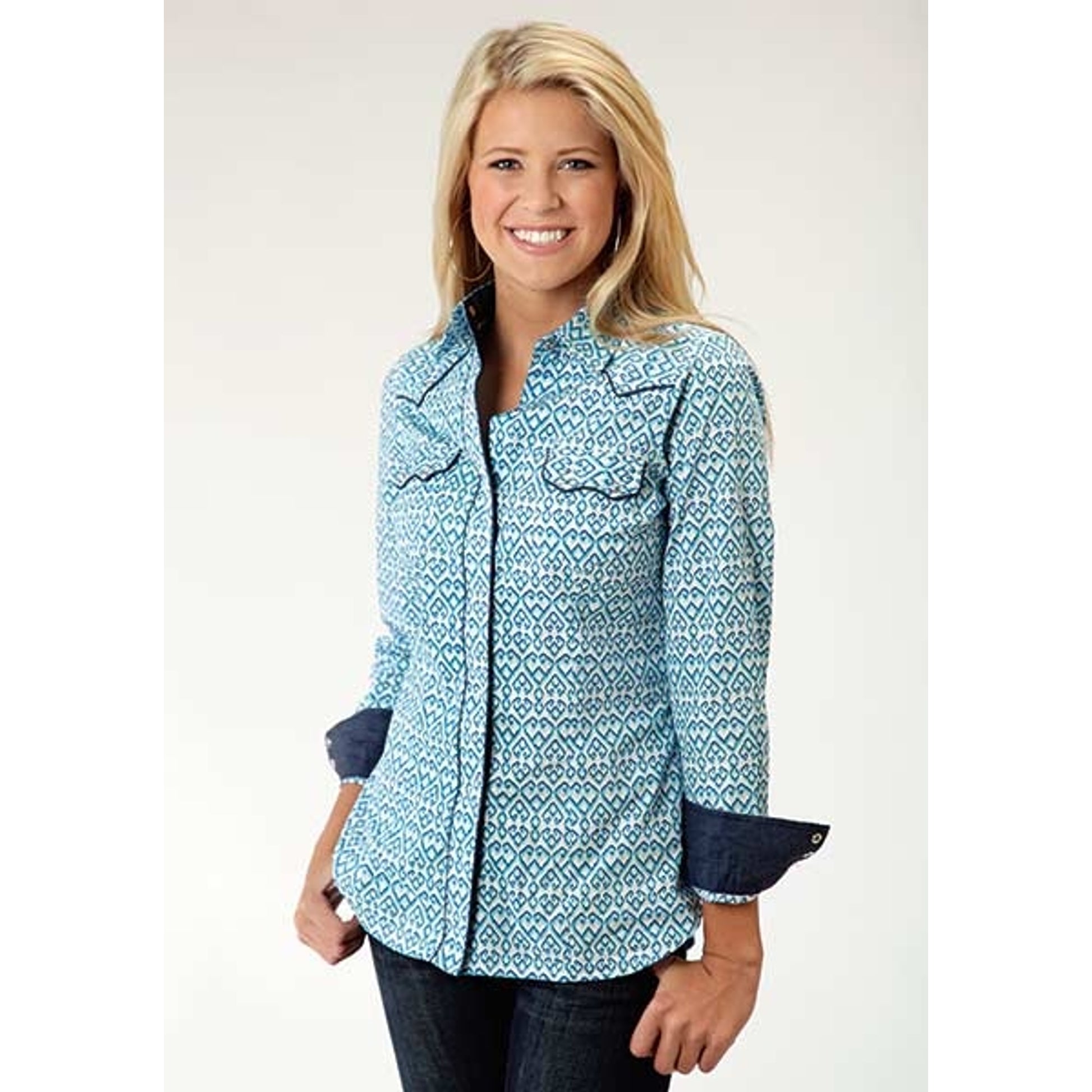Roper Ladies Mini Print Long Sleeve Pewter Ring Snap Shirt