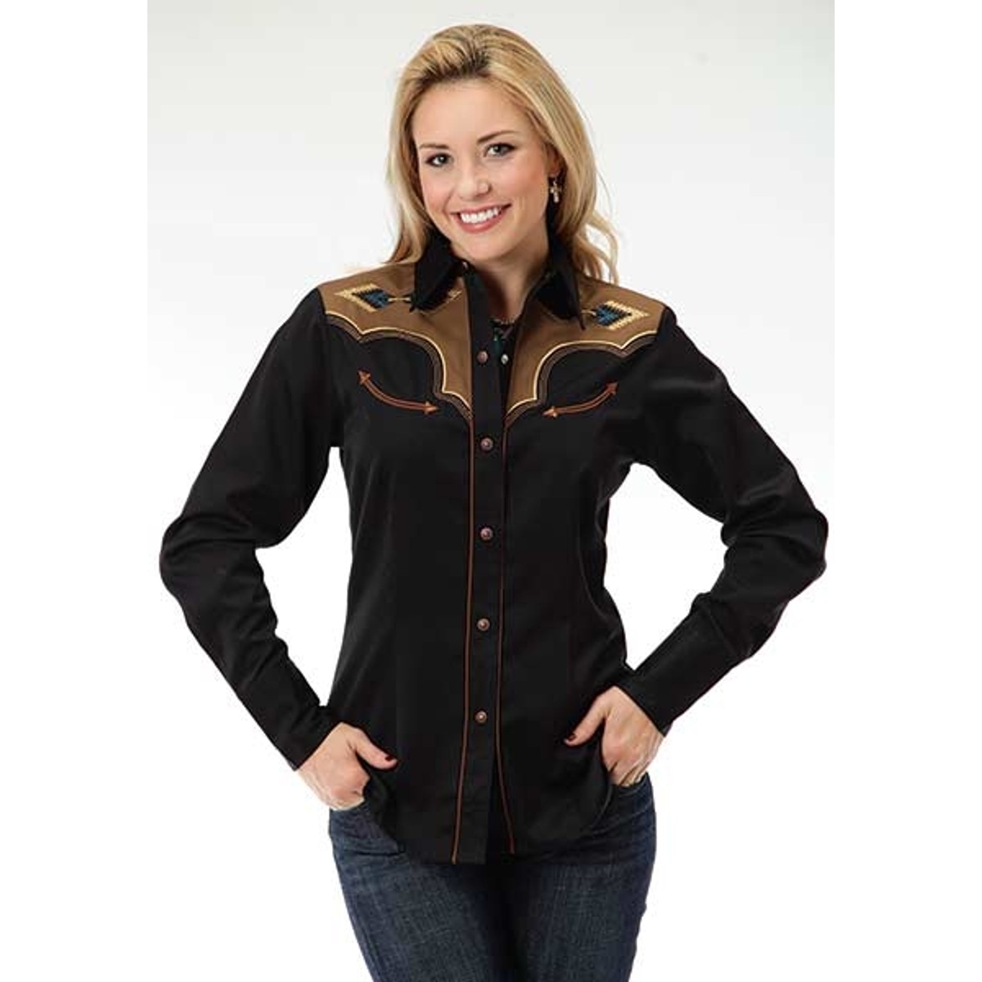 Roper Ladies Two Tone Aztec Embroidered Long Sleeve Snap Shirt