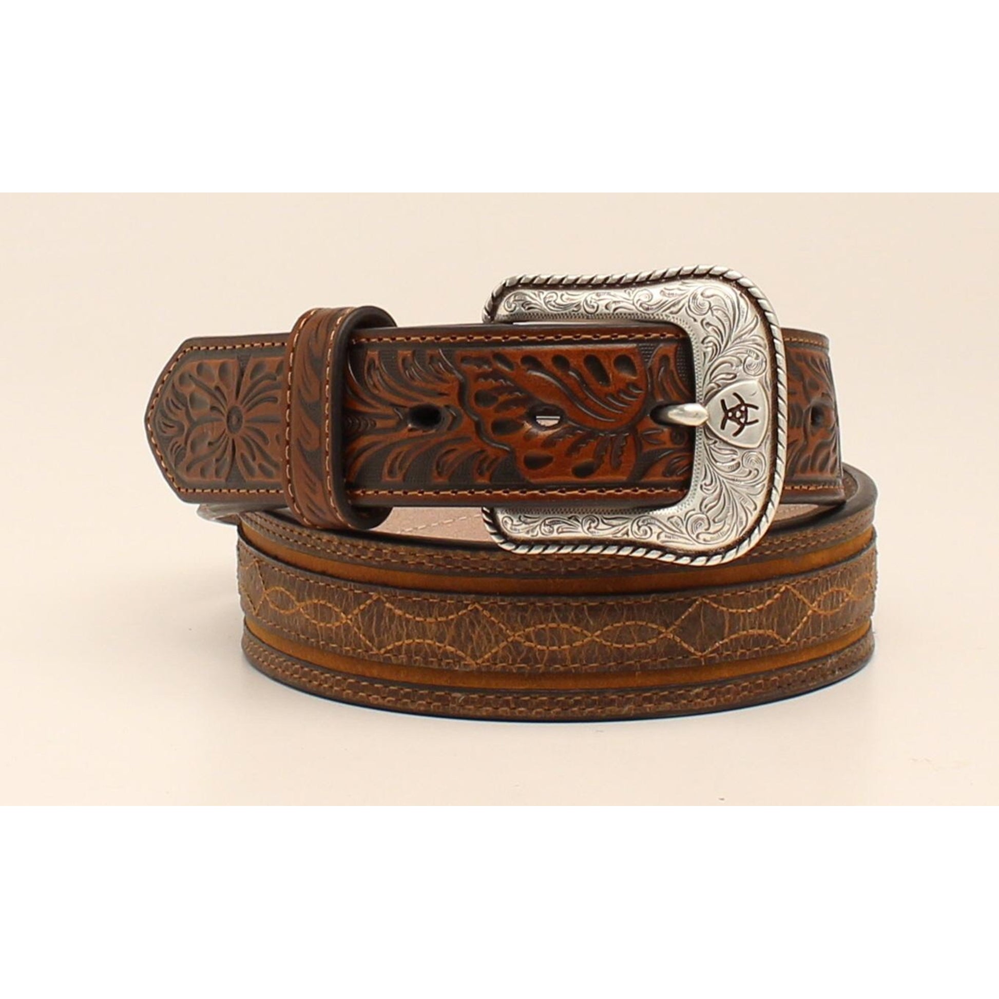 Ariat Mens 1 1/2 Embossed Tabs Barbwire Stitched Western Belt