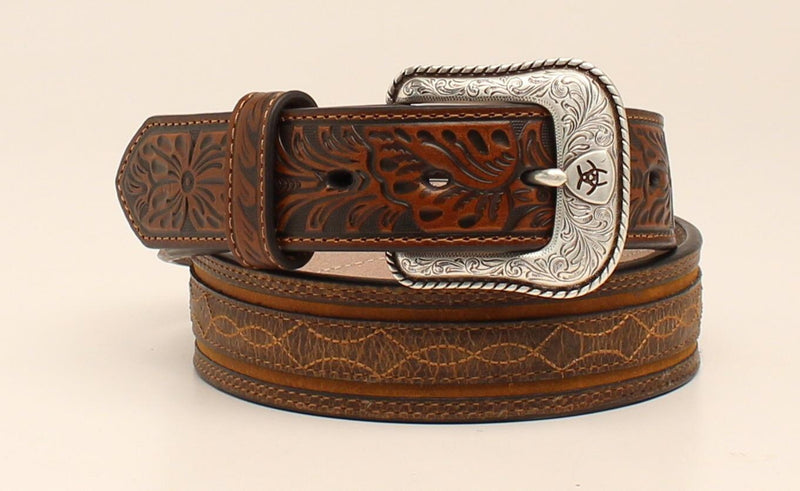 Ariat Mens 1 1/2 Embossed Tabs Barbwire Stitched Western Belt