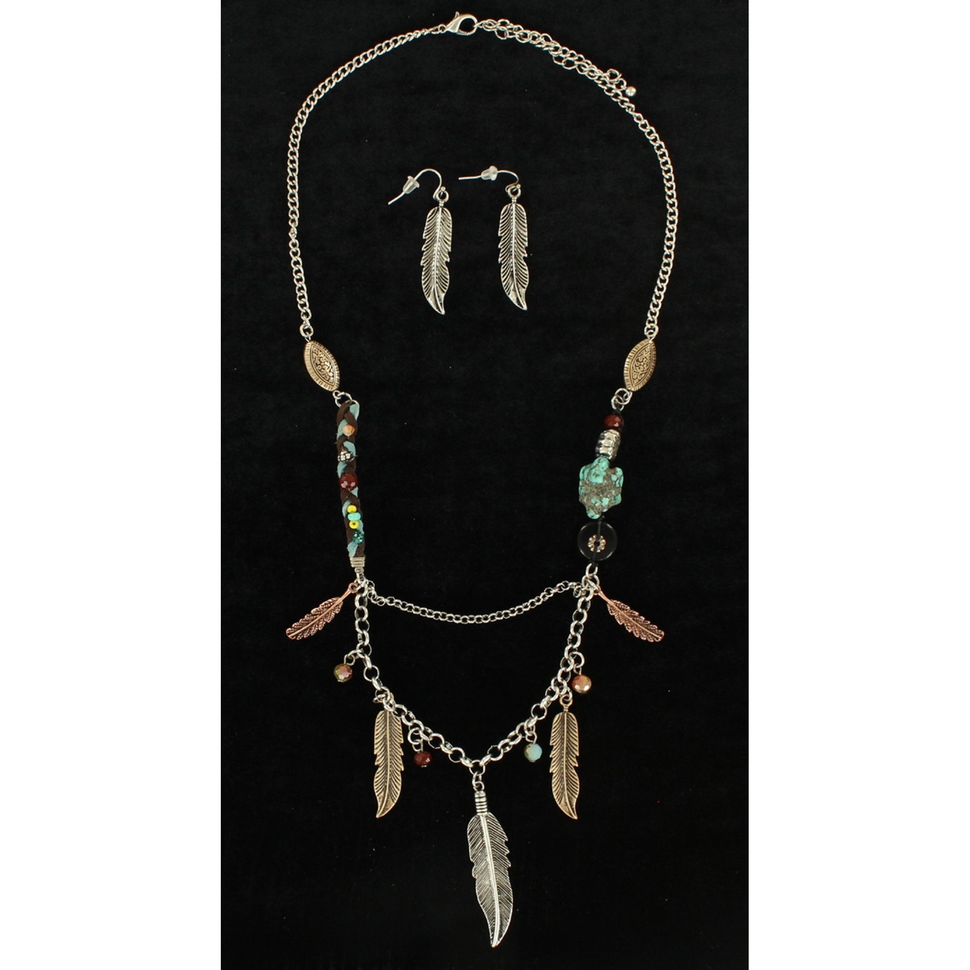 Blazin Roxx Multi Feather Beads Necklace And Earrings Set
