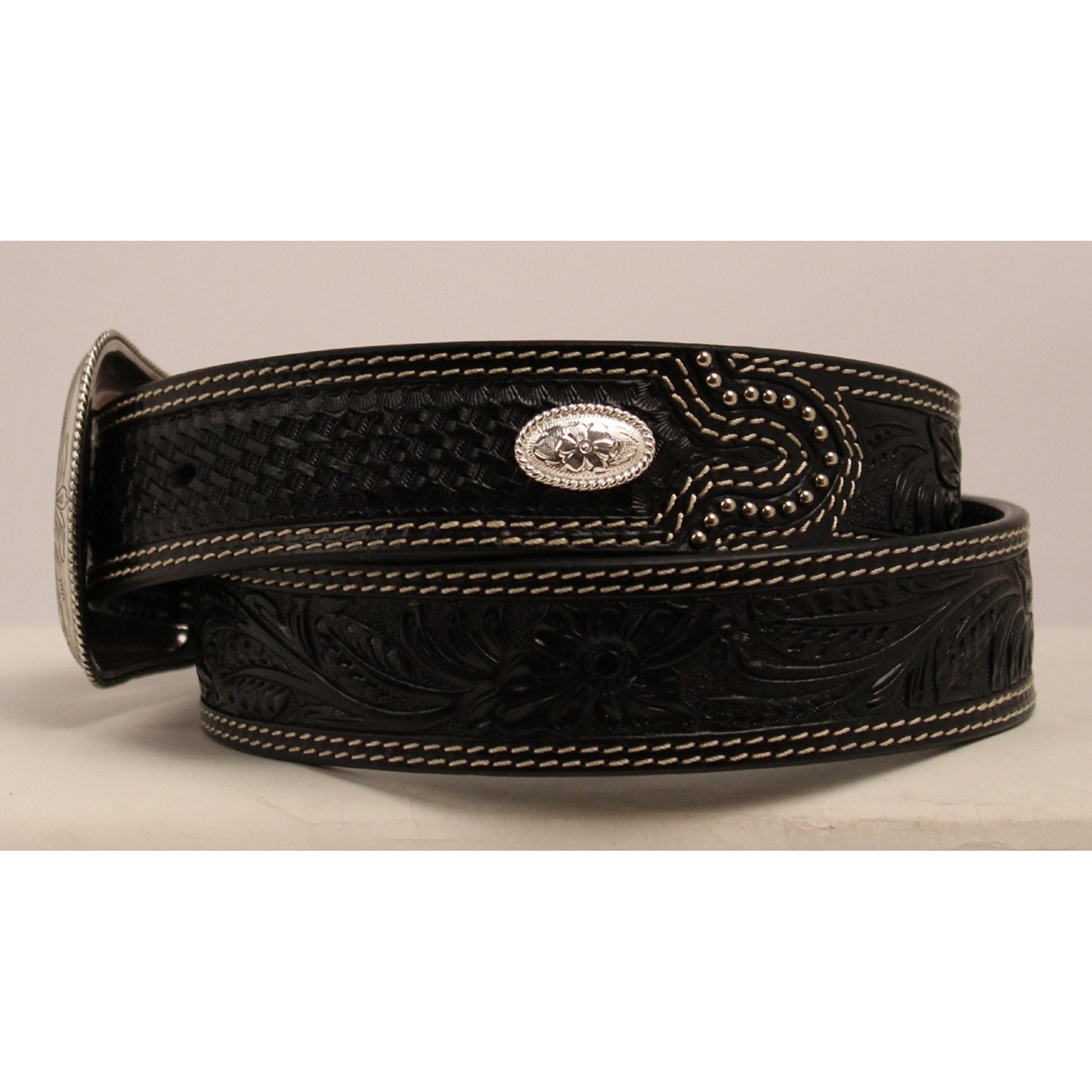 Nocona Mens 1 1/2 Basket Emboss Oval Concho Tab Floral Emboss Belt