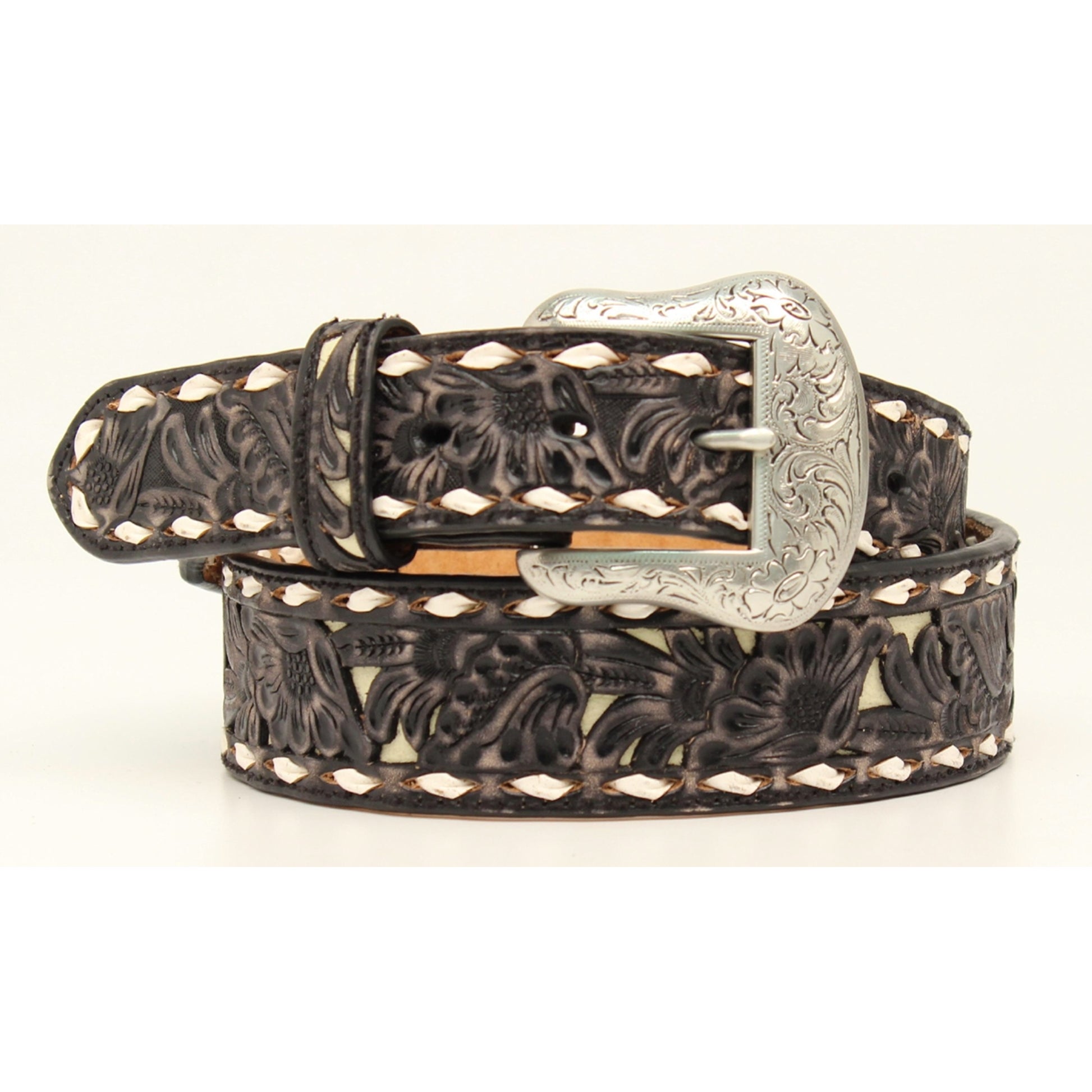 Nocona Mens 1 7/8-1 1/2 Floral Embossed Overlay Lace Edge Belt