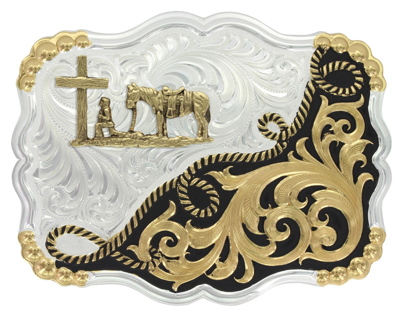 Montana Silversmiths Two Tone Rope and Filigree Buckle with Christian Cowboy