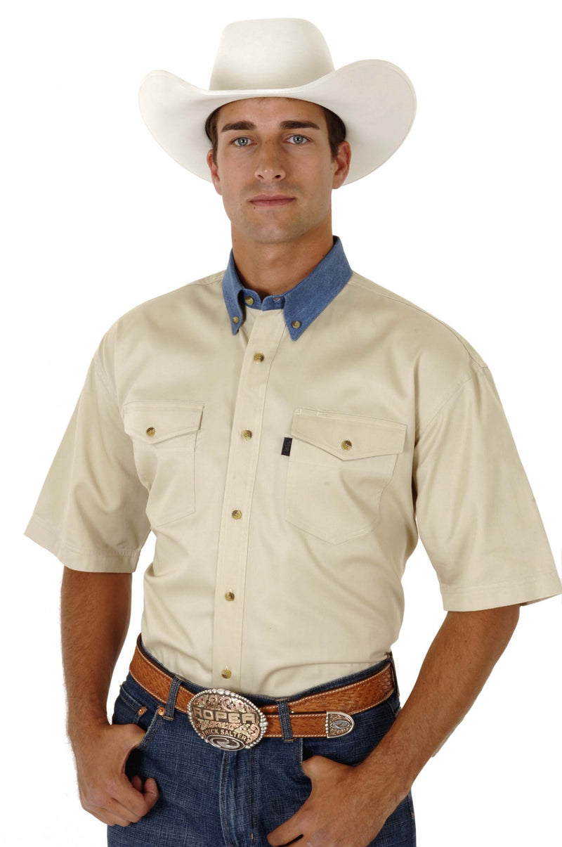 Roper Men's Khaki Twill Short Sleeve Shirt with Denim Button Down