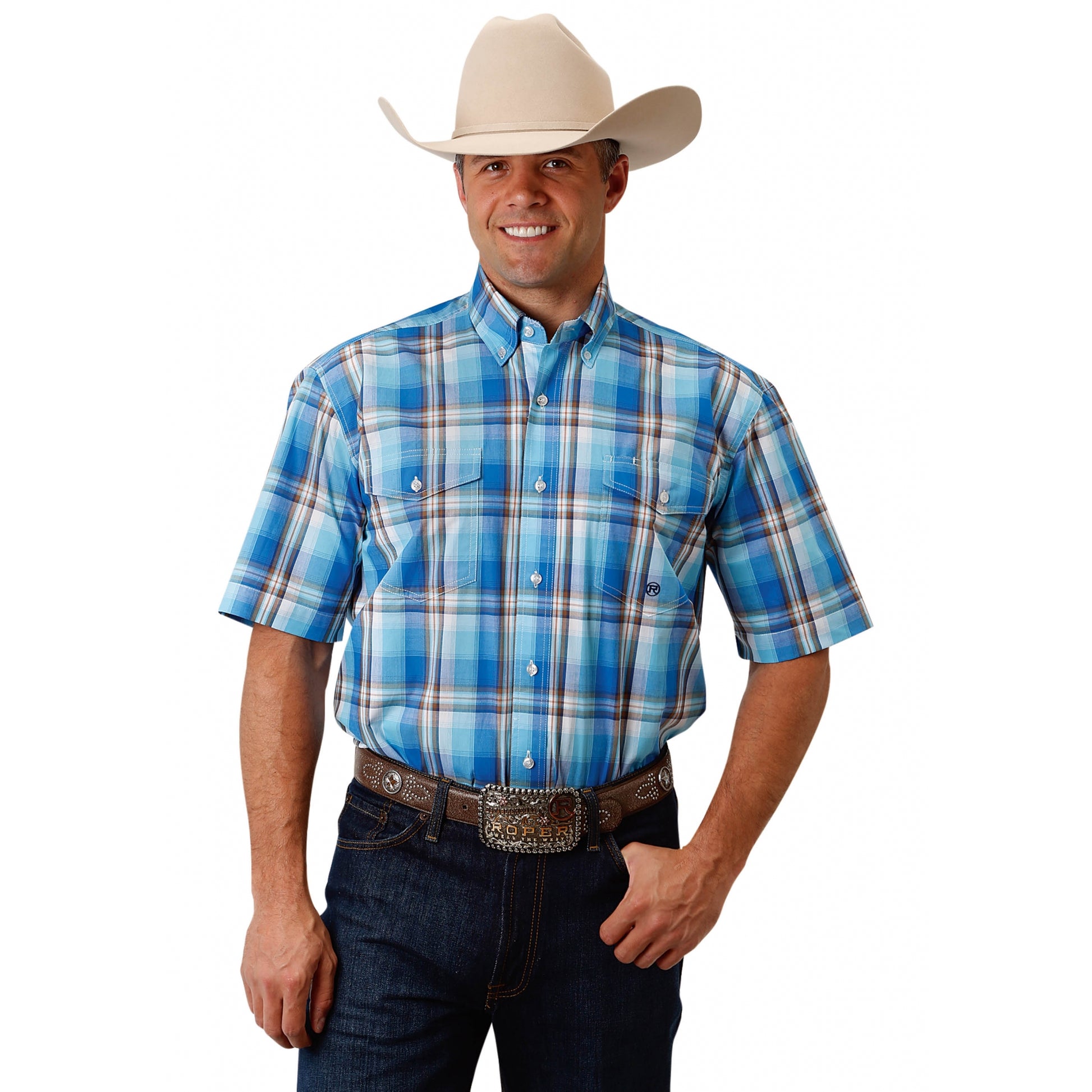 Roper Men's 1676 Blue Panes Plaid Short Sleeve Shirt