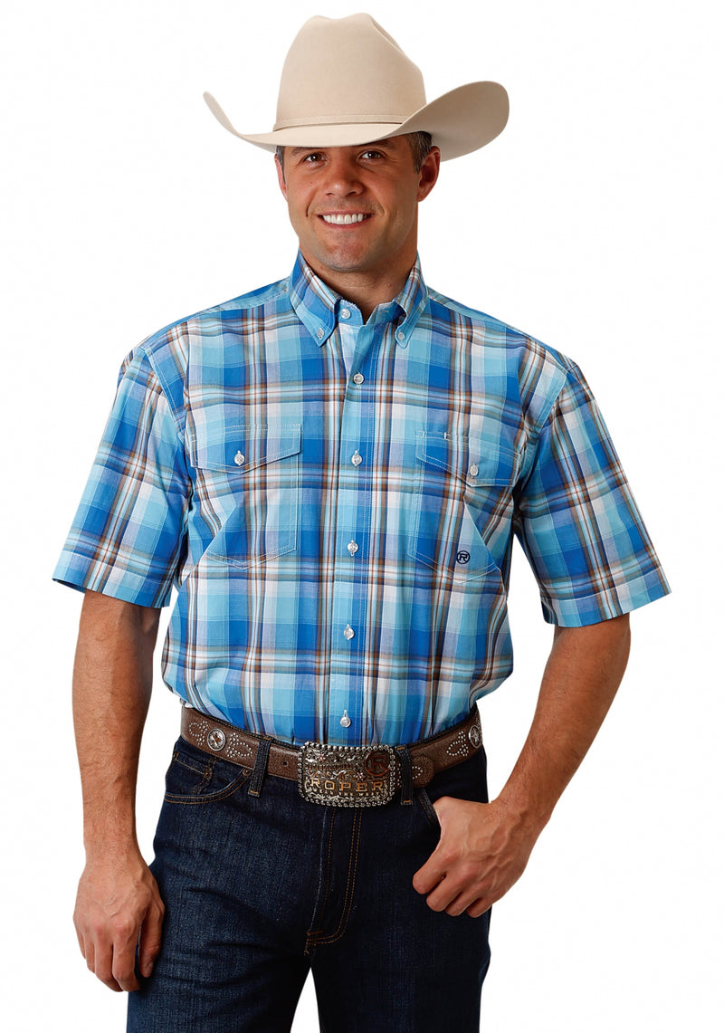 Roper Men's 1676 Blue Panes Plaid Short Sleeve Shirt