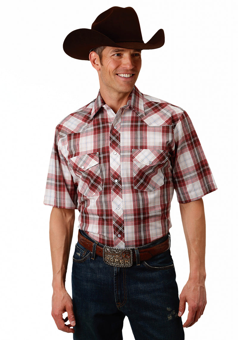 Roper Men's 1633 Brown, Red & White Plaid Short Sleeve Shirt