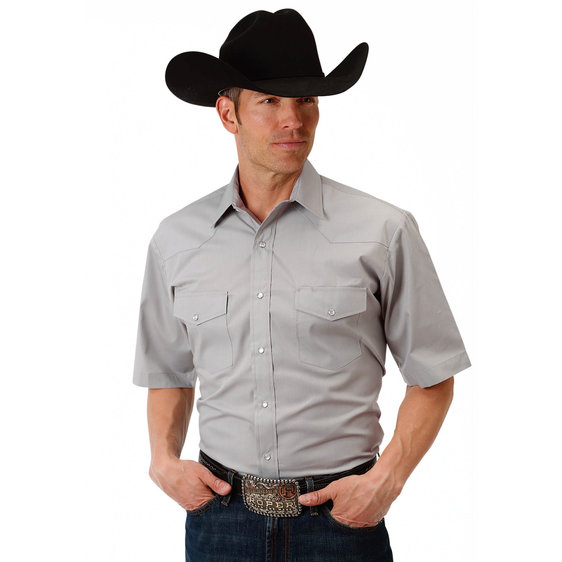 Roper Men's 1652 Solid Broadcloth - Grey Short Sleeve Shirt