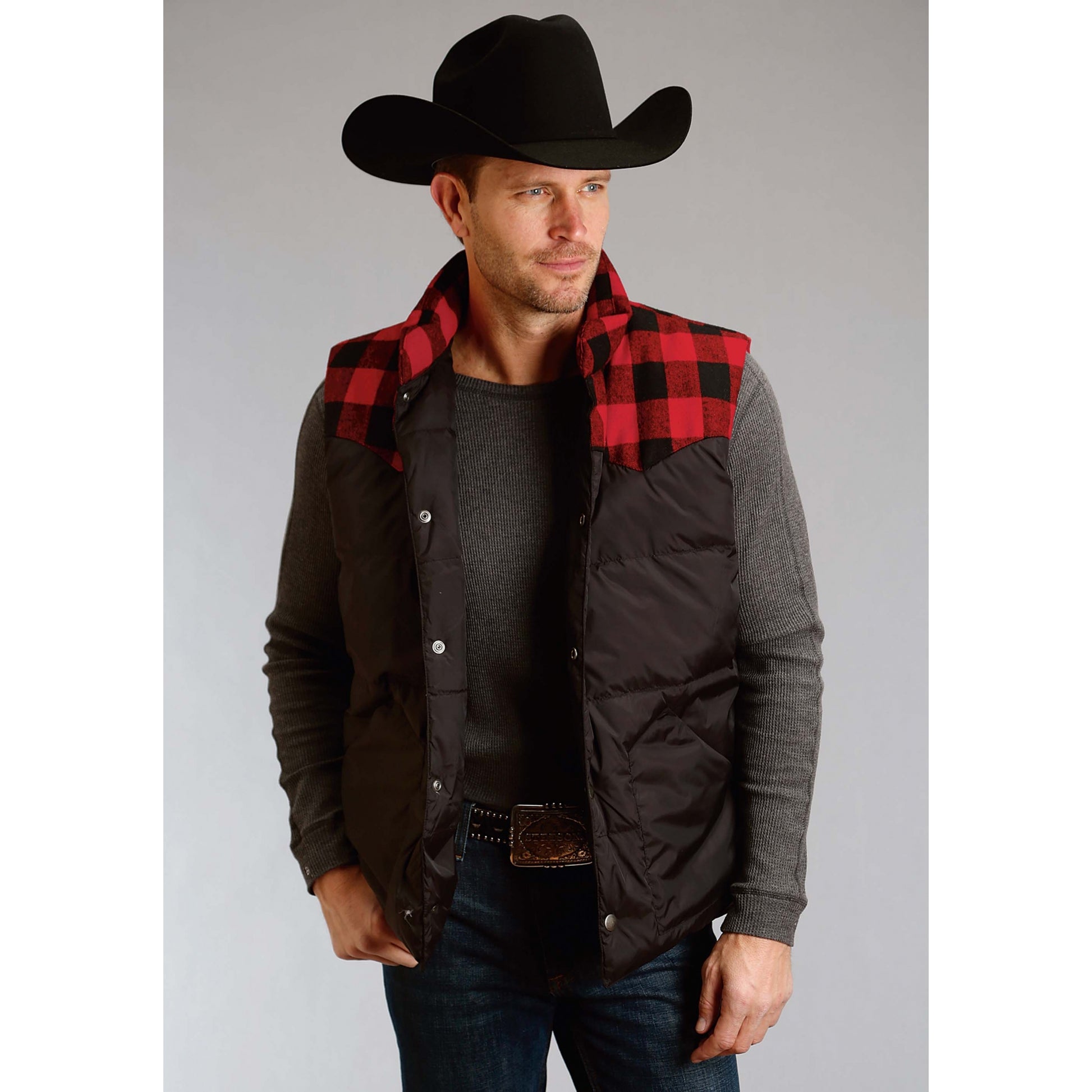 Stetson Men's Nylon Quilted Vest - Black - Red Plaid Yoke