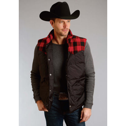 Stetson Men's Nylon Quilted Vest - Black - Red Plaid Yoke