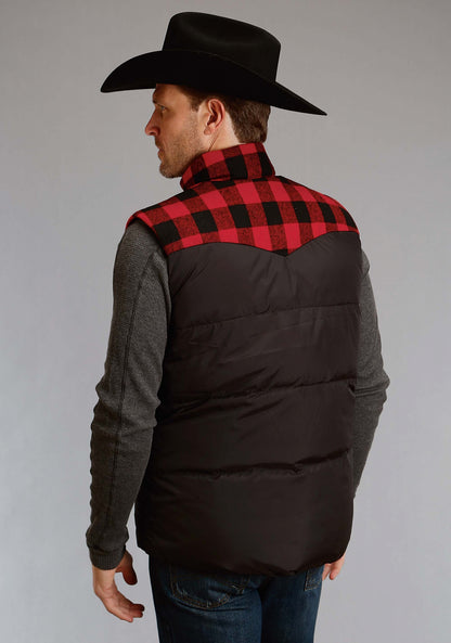 Stetson Men's Nylon Quilted Vest - Black - Red Plaid Yoke