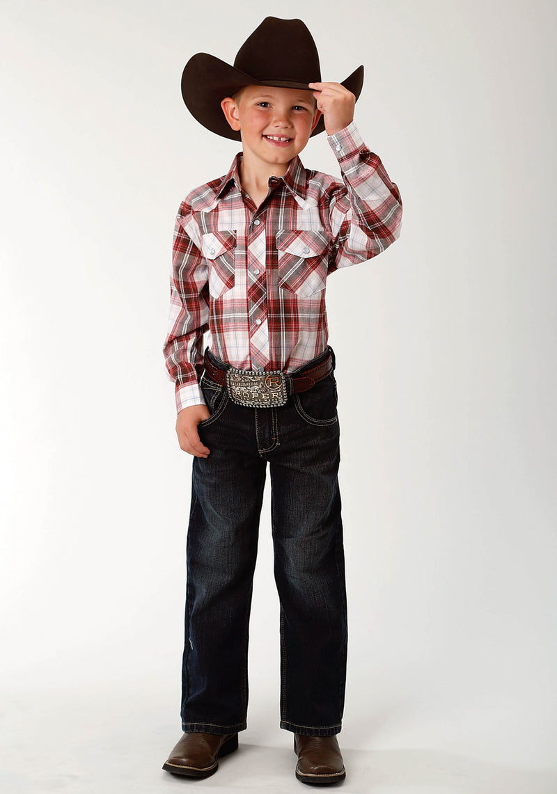 Roper Boys Plaid Snap Western Shirt - Brown, Red & White
