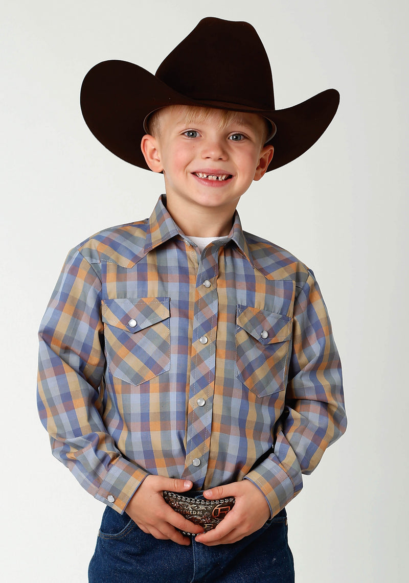 Roper Boys Plaid Snap Western Shirt - Blue Buffalo Check
