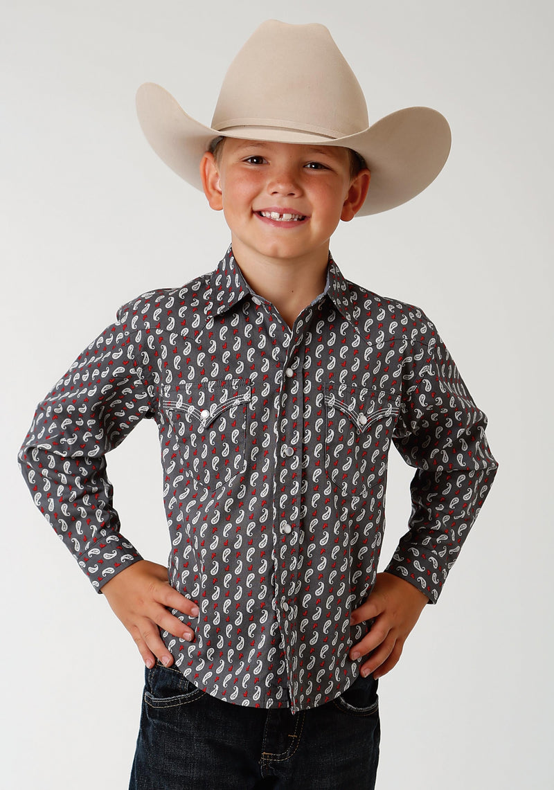 Roper Boys Performance Print Western Shirt - Grey Paisley