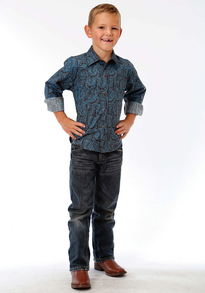 Roper Boys Performance Print Western Shirt - Brown Italian Paisley