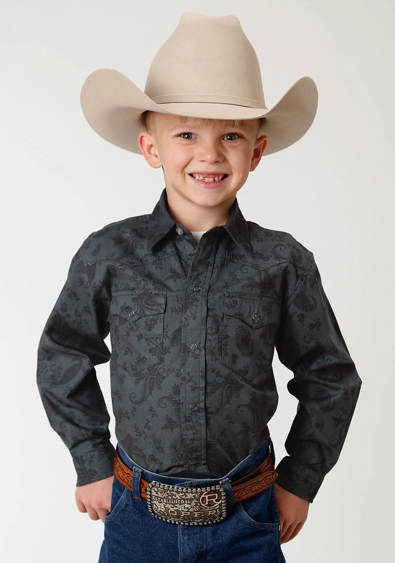 Roper Boys Performance Print Western Shirt - Black Floral Paisley
