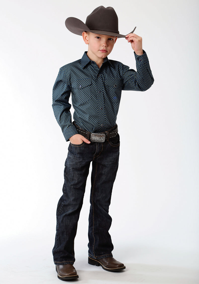 Roper Boys Performance Print Western Shirt - Blue Pyramid Geo