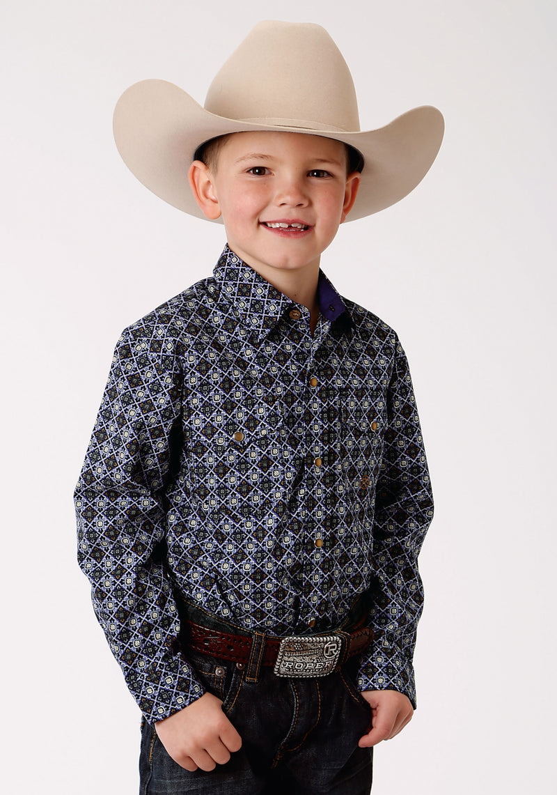 Roper Boys Performance Print Western Shirt - Plum Foulard
