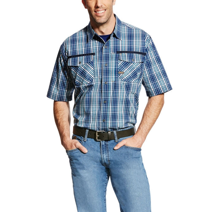 Ariat Men's Rebar Short Sleeve Work Shirt - Navy Plaid