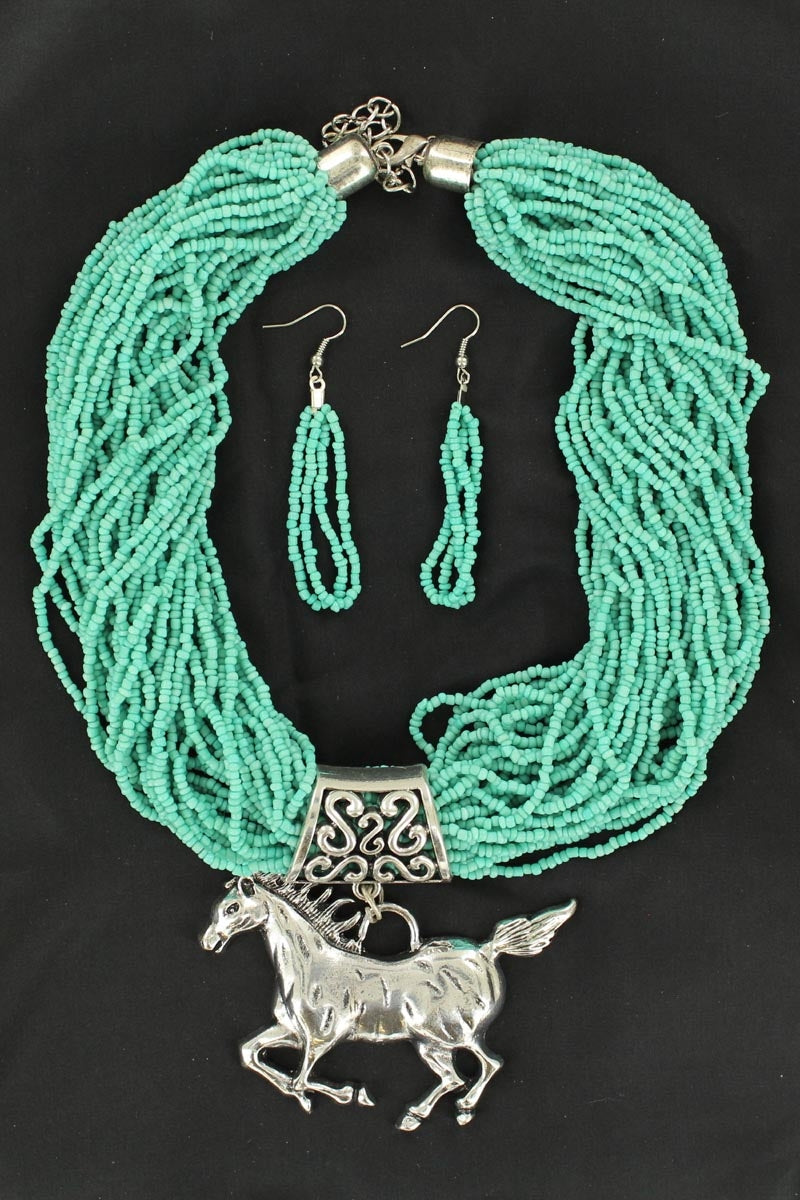 Horse Pendant Seed Bead Necklace and Earrings Set