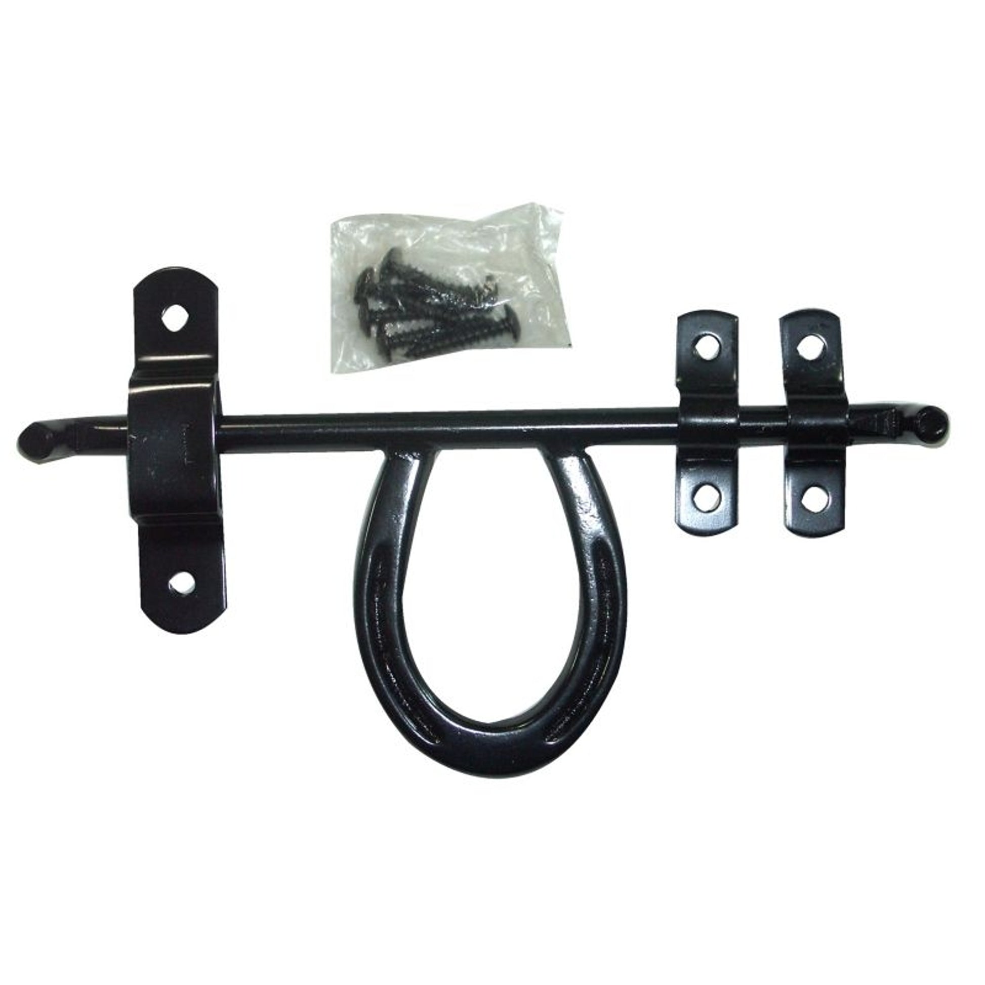 Fancy Barn Door Latch Black enameled steel. Includes all hardware