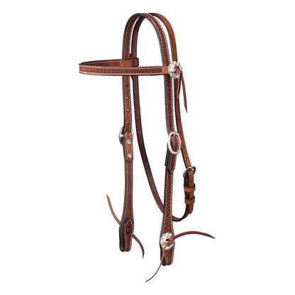 Tough1 Leather Straight Brow Headstall - Basket Stamp with Silver Hardware