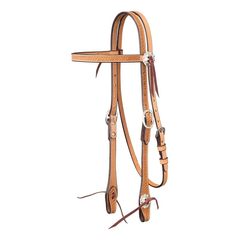 Tough1 Leather Straight Brow Headstall - Basket Stamp with Silver Hardware