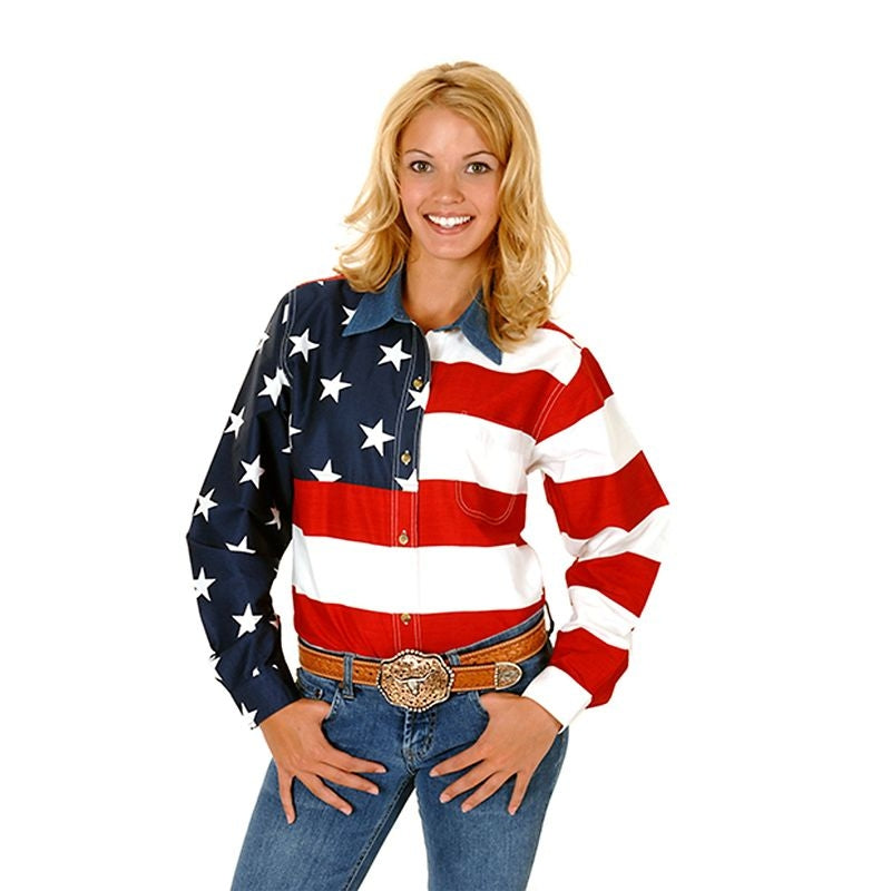 Roper Ladies American Flag L/S Shirt 1X Red