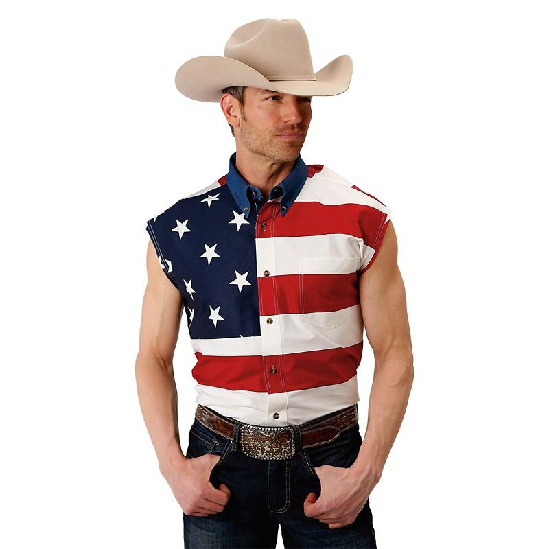 Roper Mens American Flag Sleeveless Shirt 2XL Red