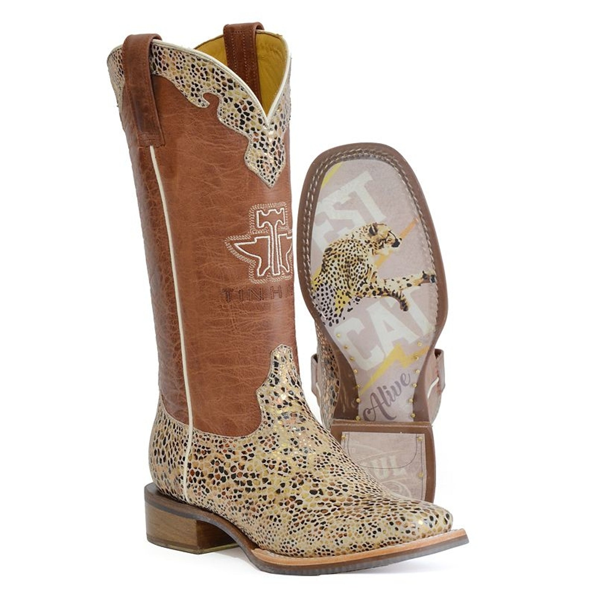 Tin Haul Ladies Golden Cheetah Sq Toe Boots 9