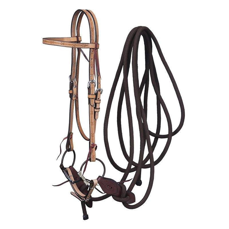 Tough1 Leather Browband Headstall, Snaffle & Mecate Set