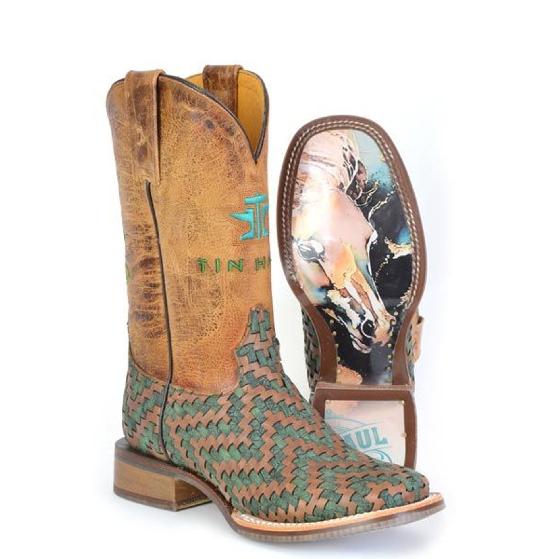 Tin Haul Ladies Horse Sole Sq Toe Boots 10 B Tan