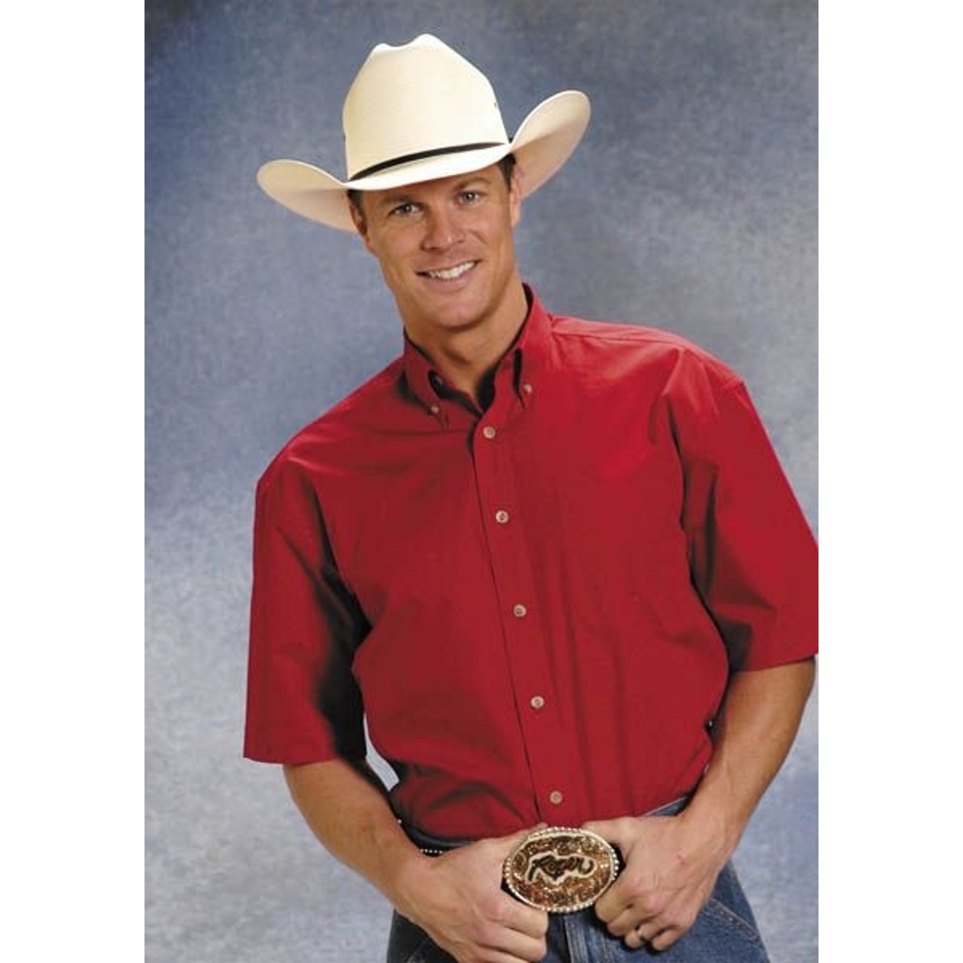 Roper Men's Solid Poplin Btn Down Collr Vergtd Btn Short Sleeve Shirt