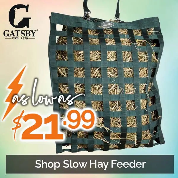 Gatsby slow hay feeder ad. A grid-patterned hay bag filled with hay is shown. Text overlaid: "As low as $21.99." Logo top left.