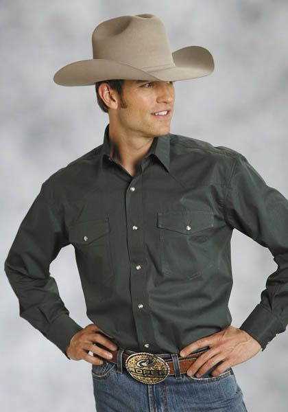 Roper Mens Poplin Shirt Long Sleeve Shirt - Green