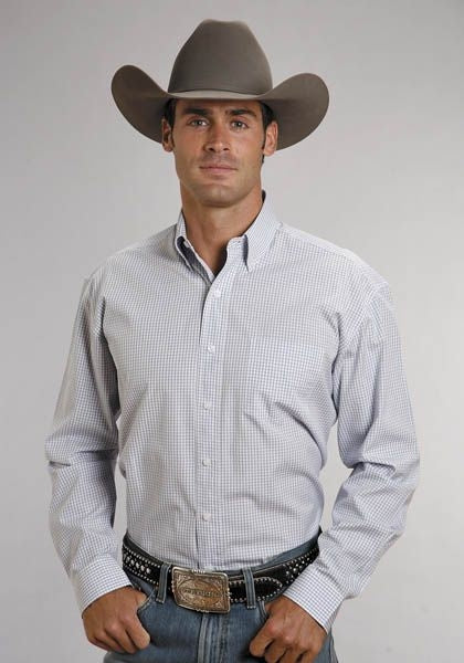 Stetson Mens Button Down Long Sleeve Shirt - Blue Check